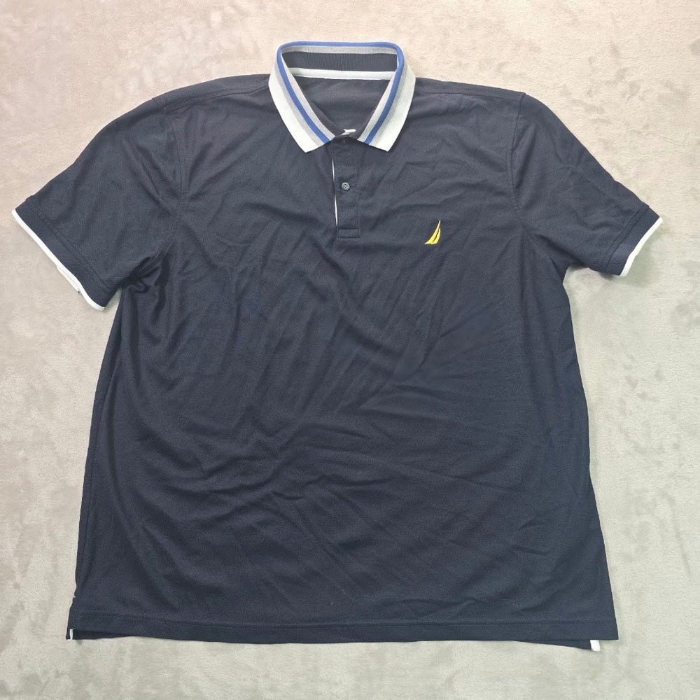 Nautica Mens Navy Blue Short Sleeve Performance Polo Shirt Yellow Logo XL